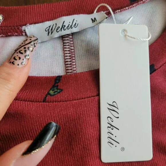 Wekili Floral Burgundy Long Sleeve Tunic With Lace Hem size M - Picture 5 of 5